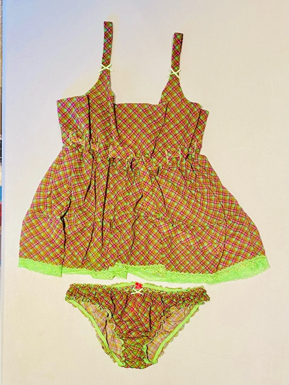 Victoria's Secret Pink and Green Plaid Lingerie Set